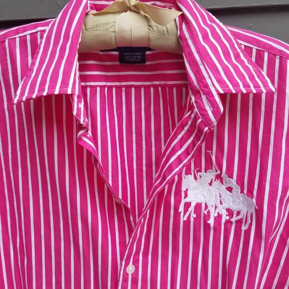 Vintage Ralph Lauren Sport Red White Stripe Polo Pony Button Down size14 - Picture 10 of 11